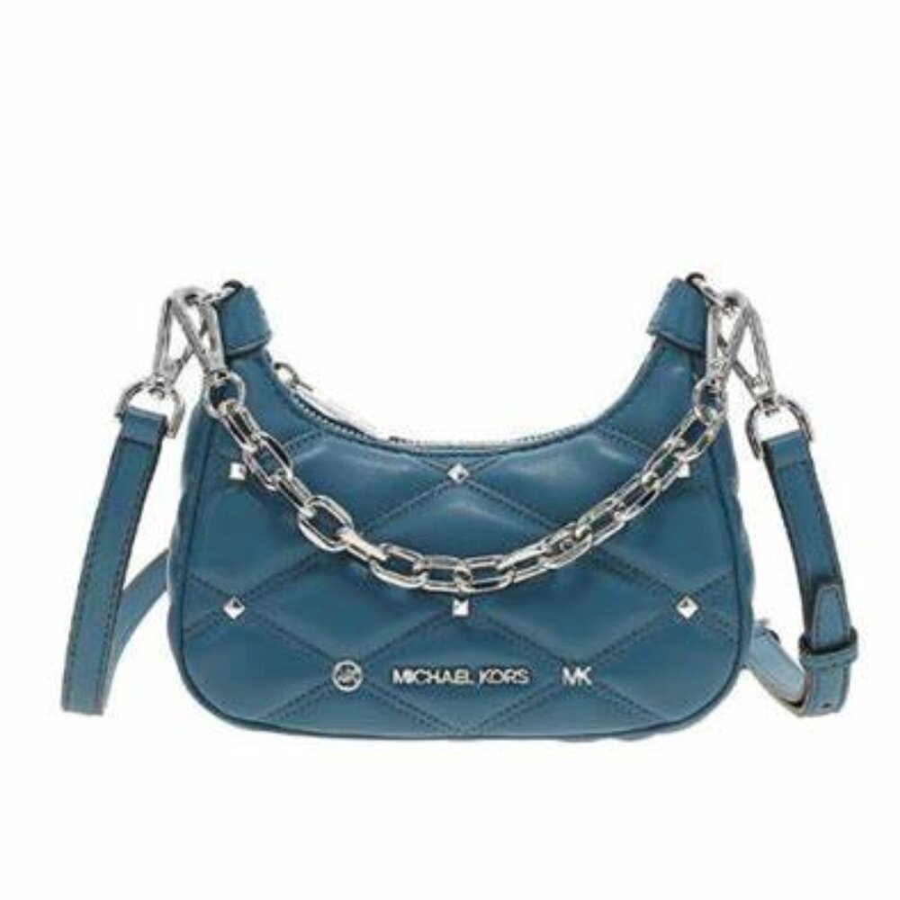 New Michael Kors Cora Extra-Small Quilted Shoulder Bag Mini Zip Pouchette Teal